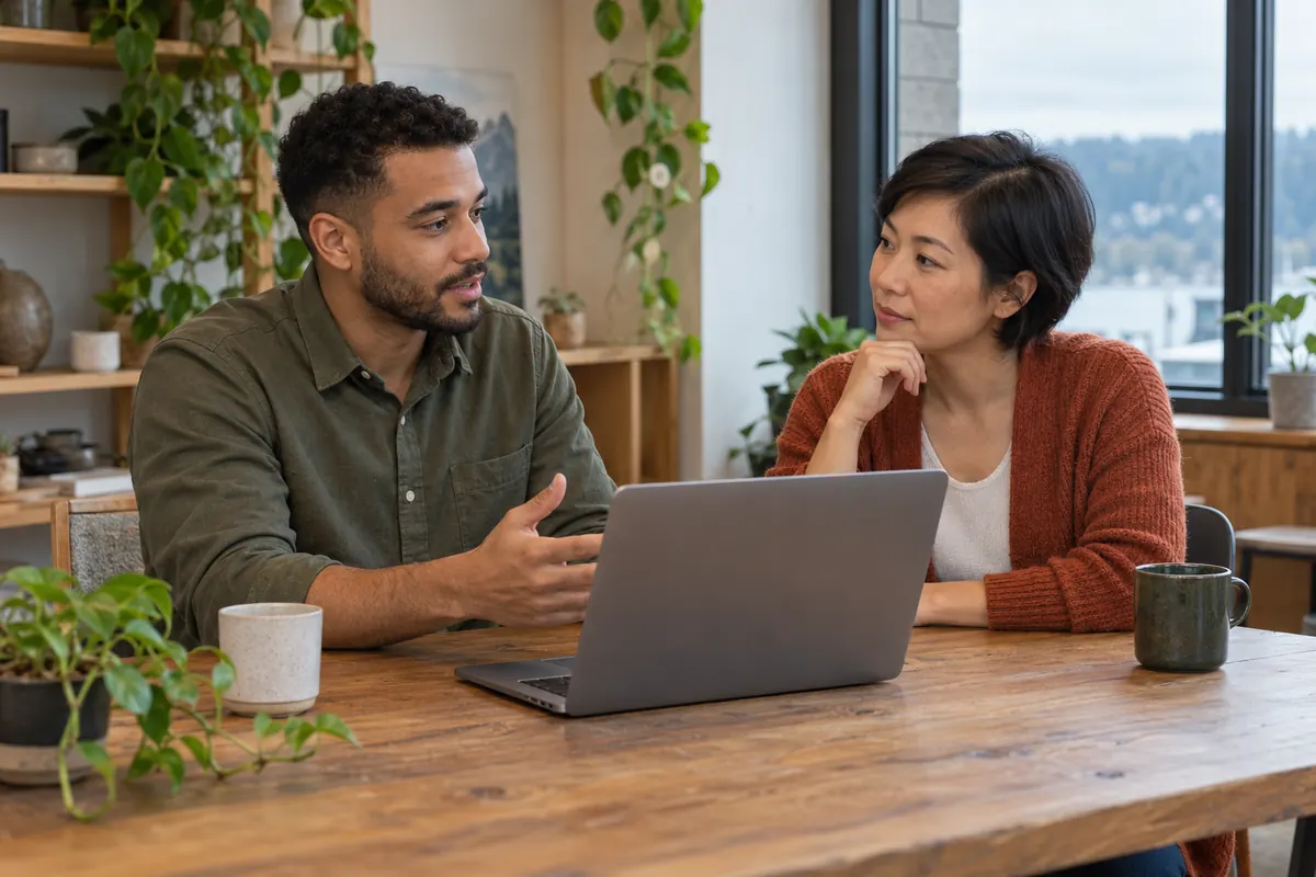 A specialist and a business owner talking at a laptop