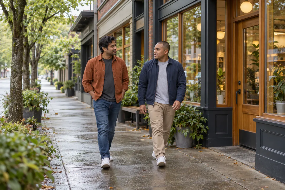 Two men walking along a rainy Portland street of shops