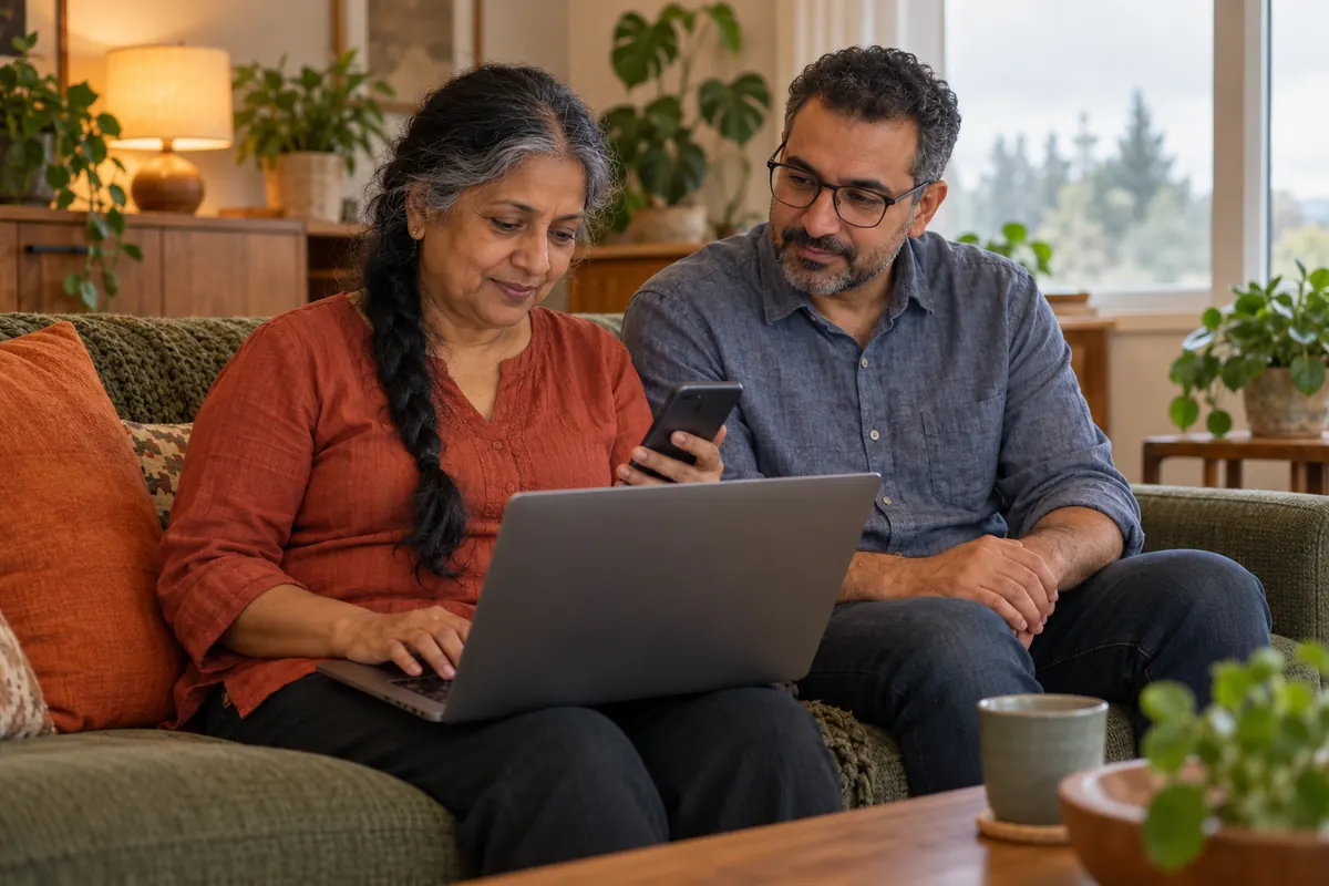 Two people using a laptop and a phone on a sofa