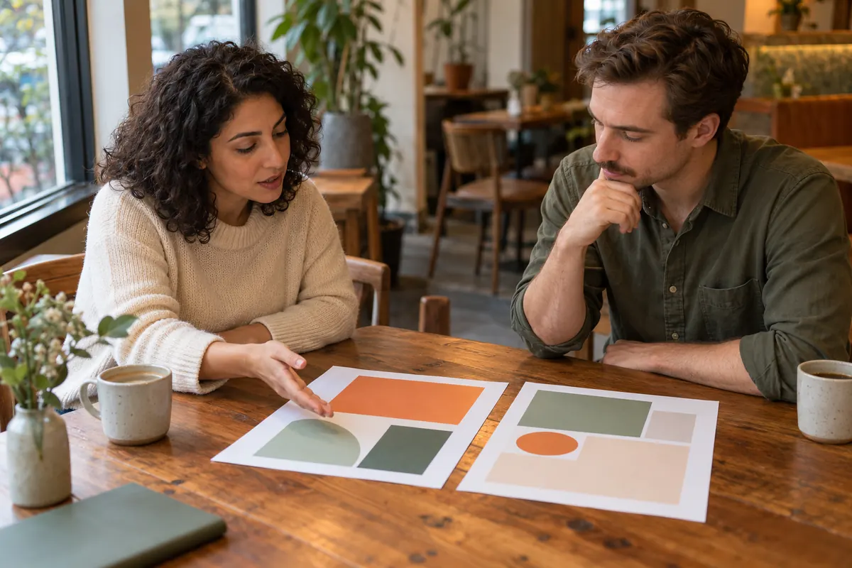 Two people comparing printed proposals