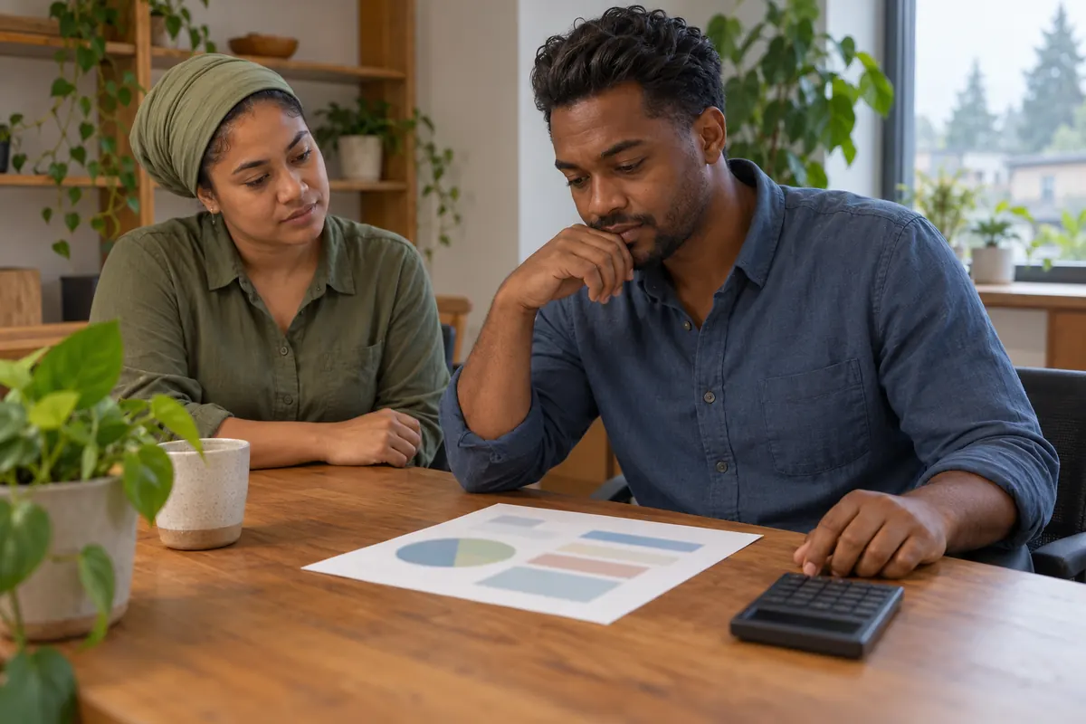 Two people reviewing a budget sheet with a calculator