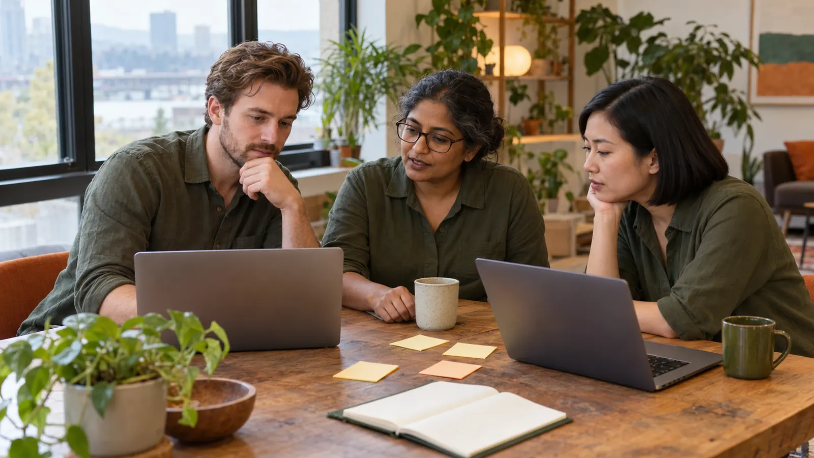 Three people planning at a table with laptops