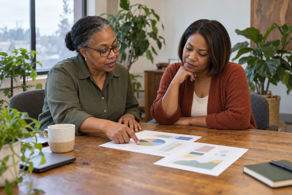 Two people reviewing printed charts at a table