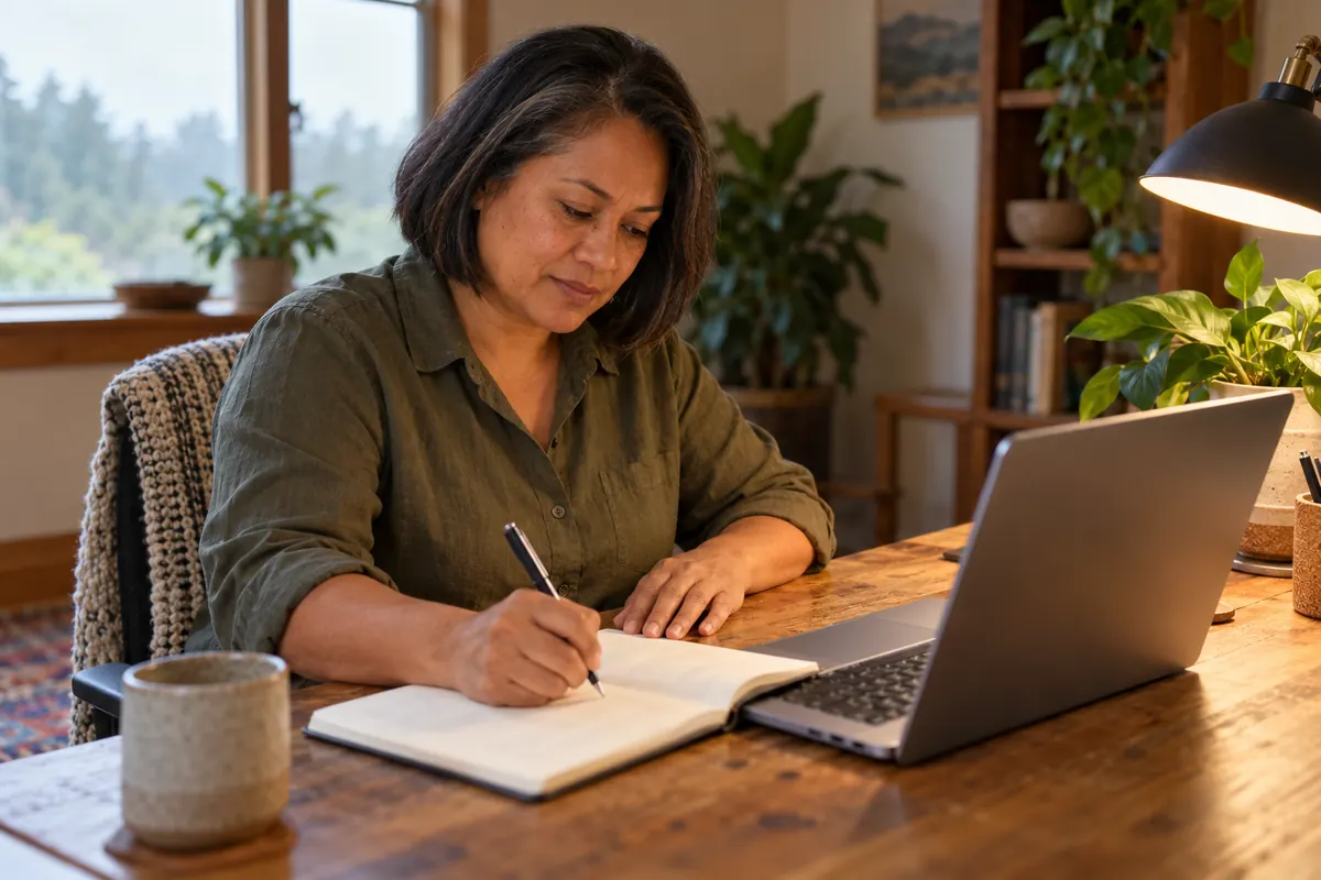 A woman writing notes beside a laptop