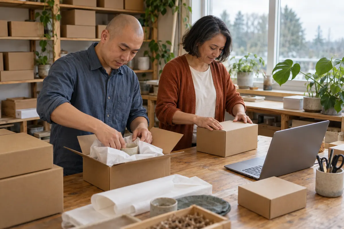 Two people packing online orders