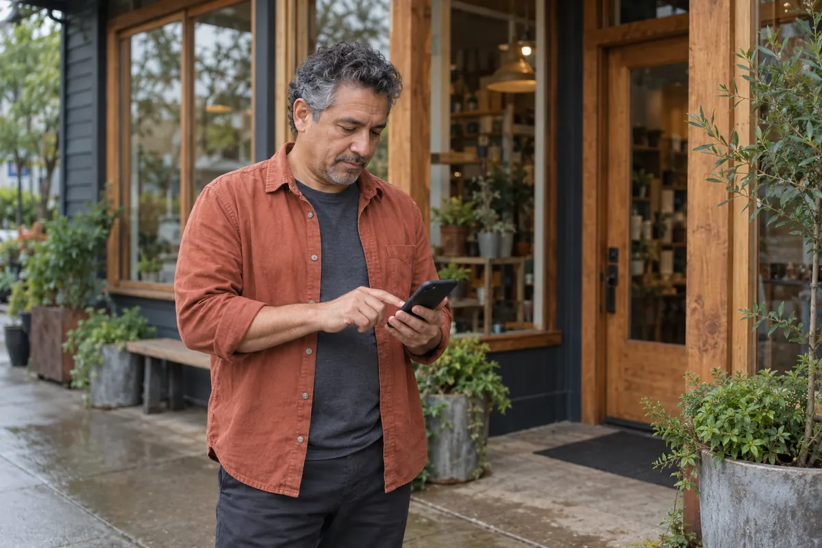A business owner checking a phone outside a shop