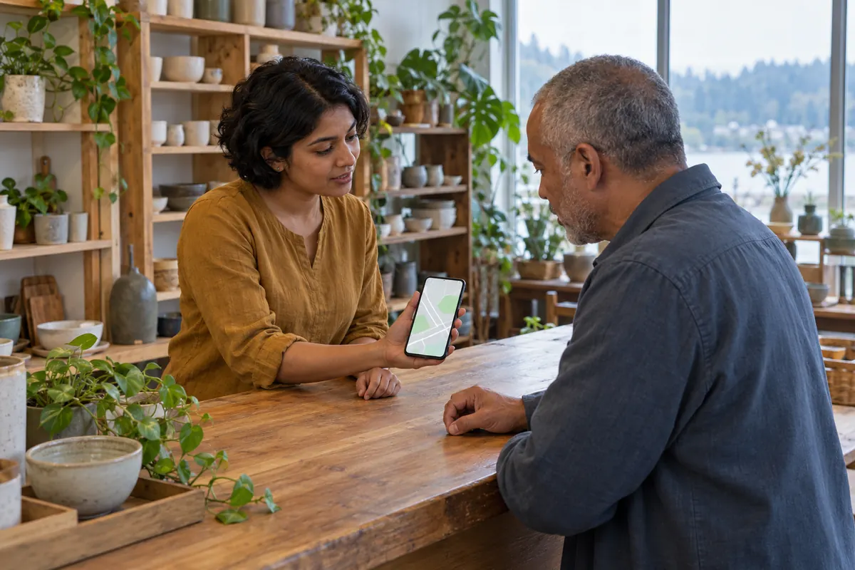 A shop owner showing a map on a phone to a customer