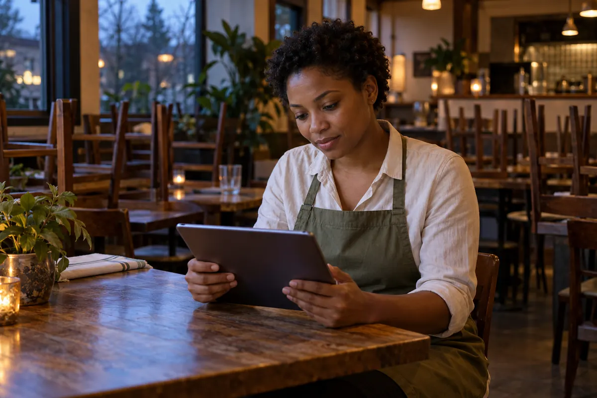 A restaurant owner reading on a tablet