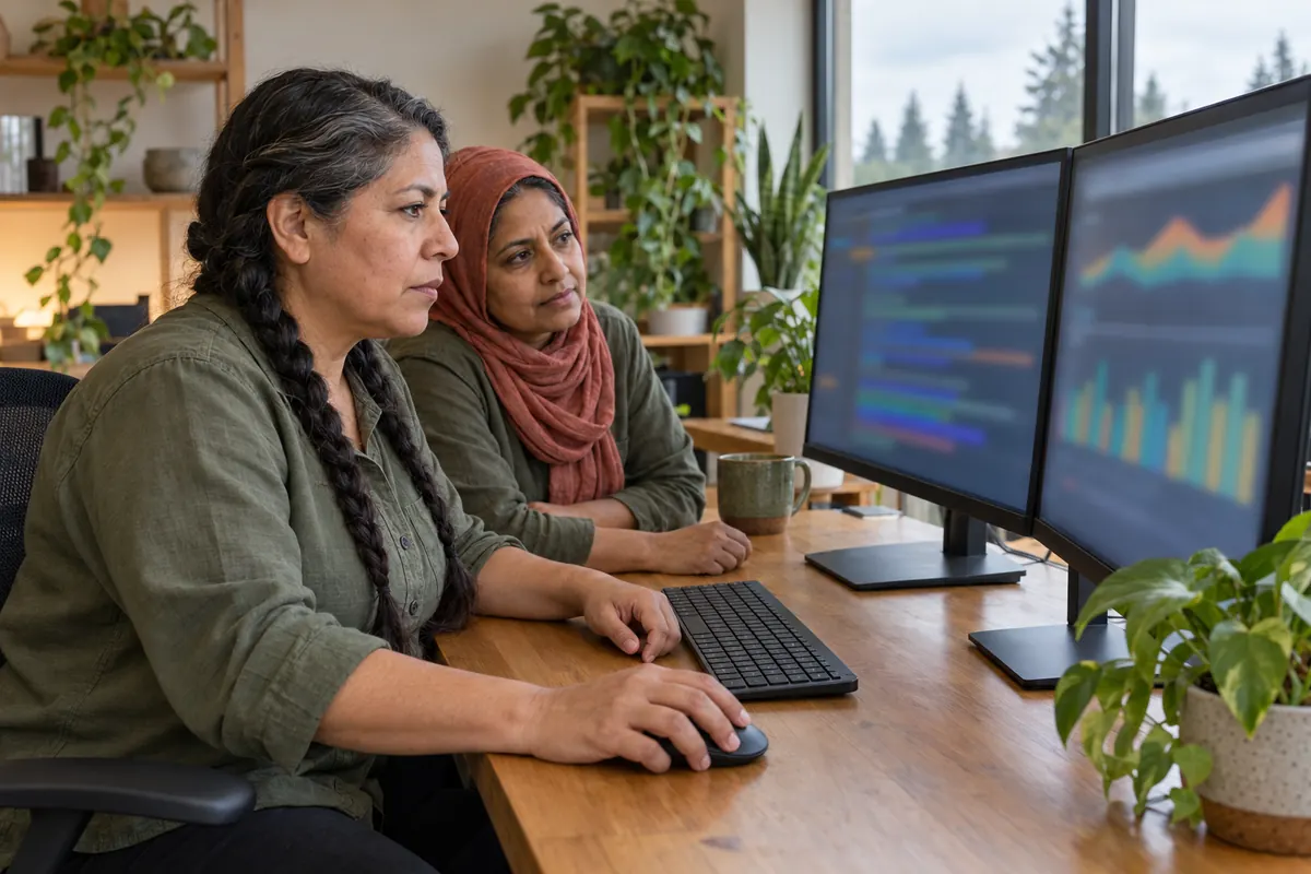 Two people reviewing a website on two monitors