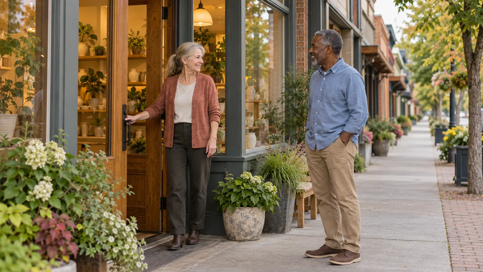 A shop owner at her door talking with a neighbor